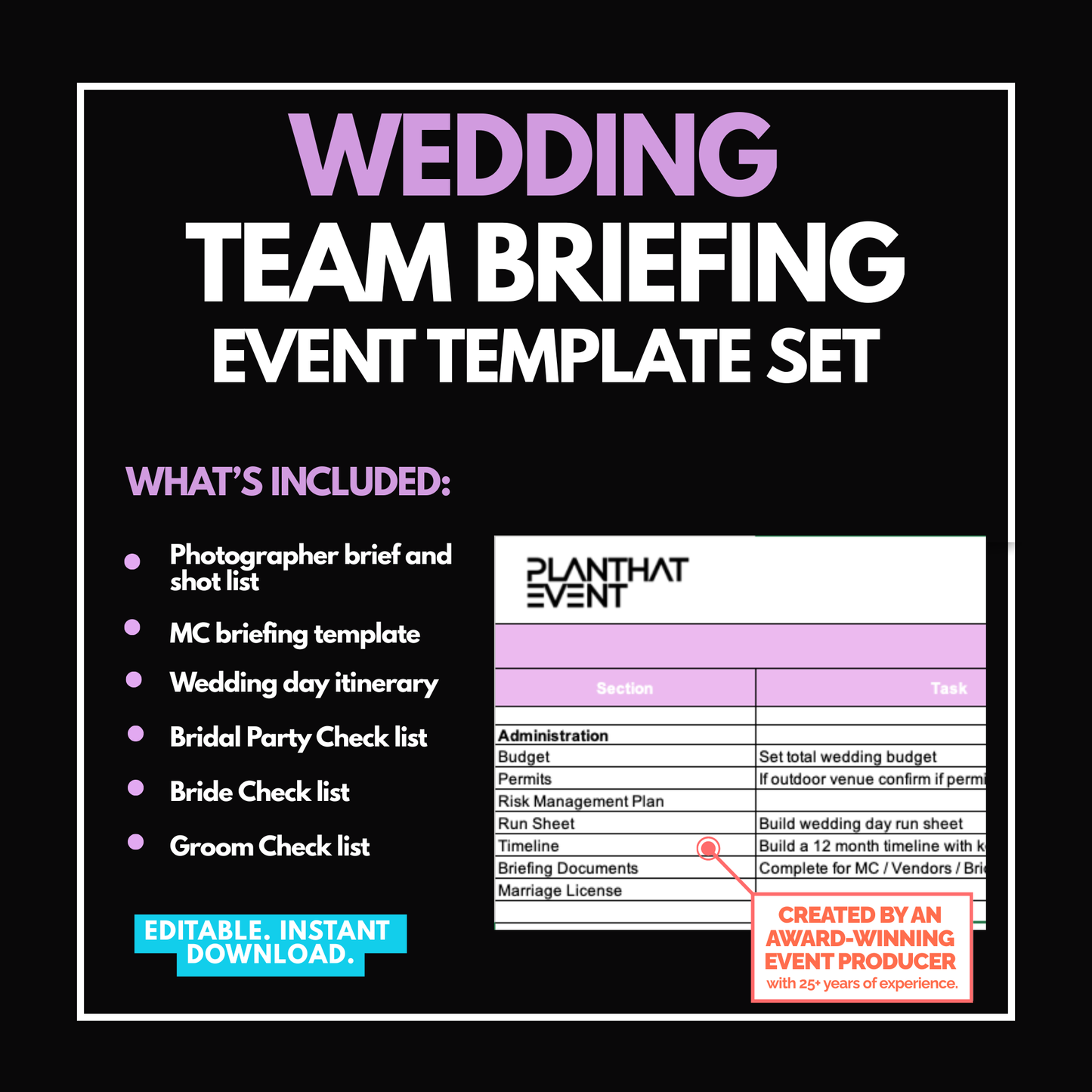 Wedding Briefing Templates Set - MC, Photographer, Bridal Party & more Briefing Template