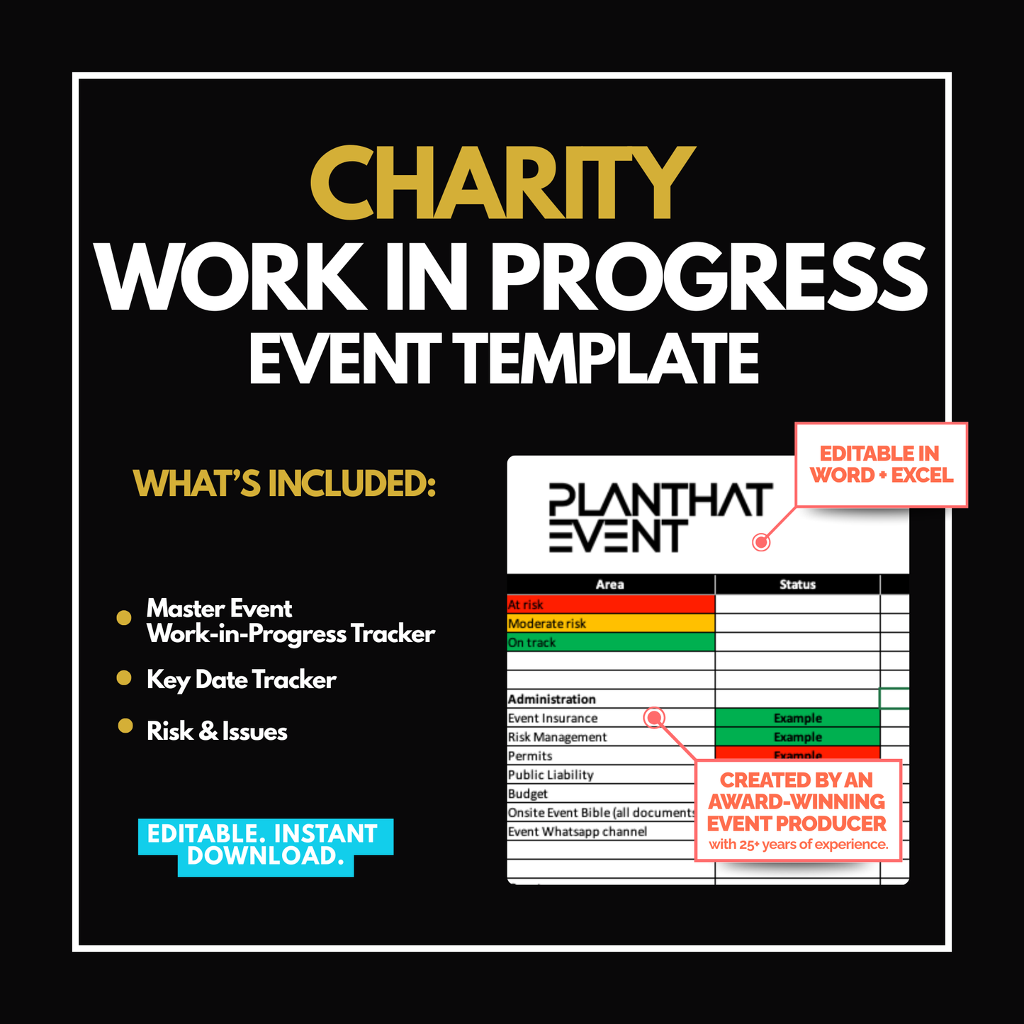 Charity Event Work in Progress Template - Suggested Tasks included