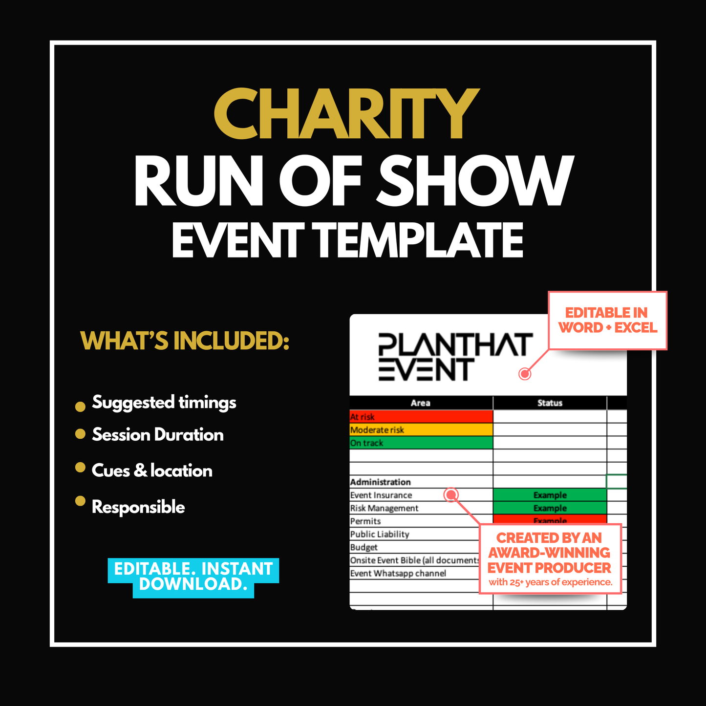Charity Gala Run of Show Template - Event Timeline & Cue Sheet